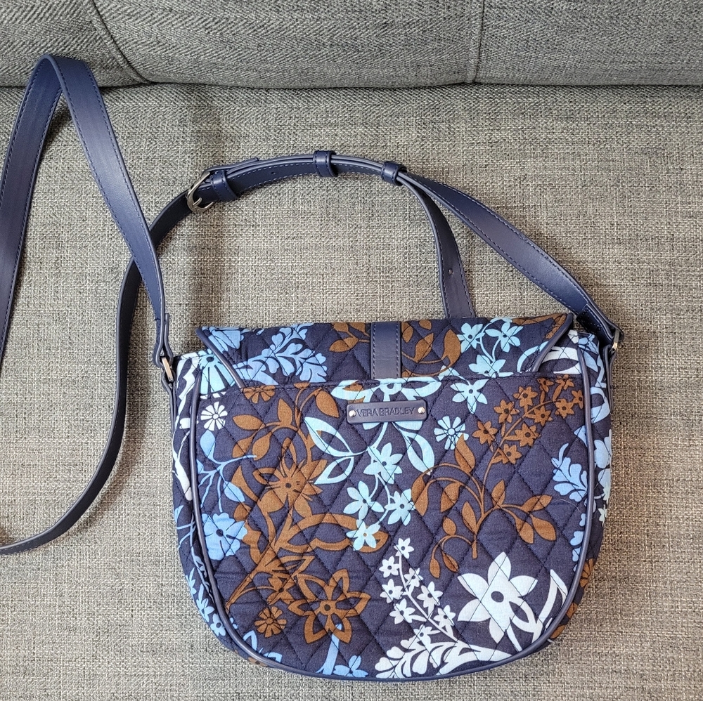 Vera Bradley Floral Blue and Brown Quilted Women's Saddle Crossbody Bag - Picture 6 of 12